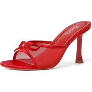 Women's Red Mesh Round Toe Heels With Bow Vintage Mules Sexy Slip on Stiletto